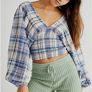 Free People Marlena Plaid‎ Balloon Long Sleeve Smocked Crop Top, Multi,M